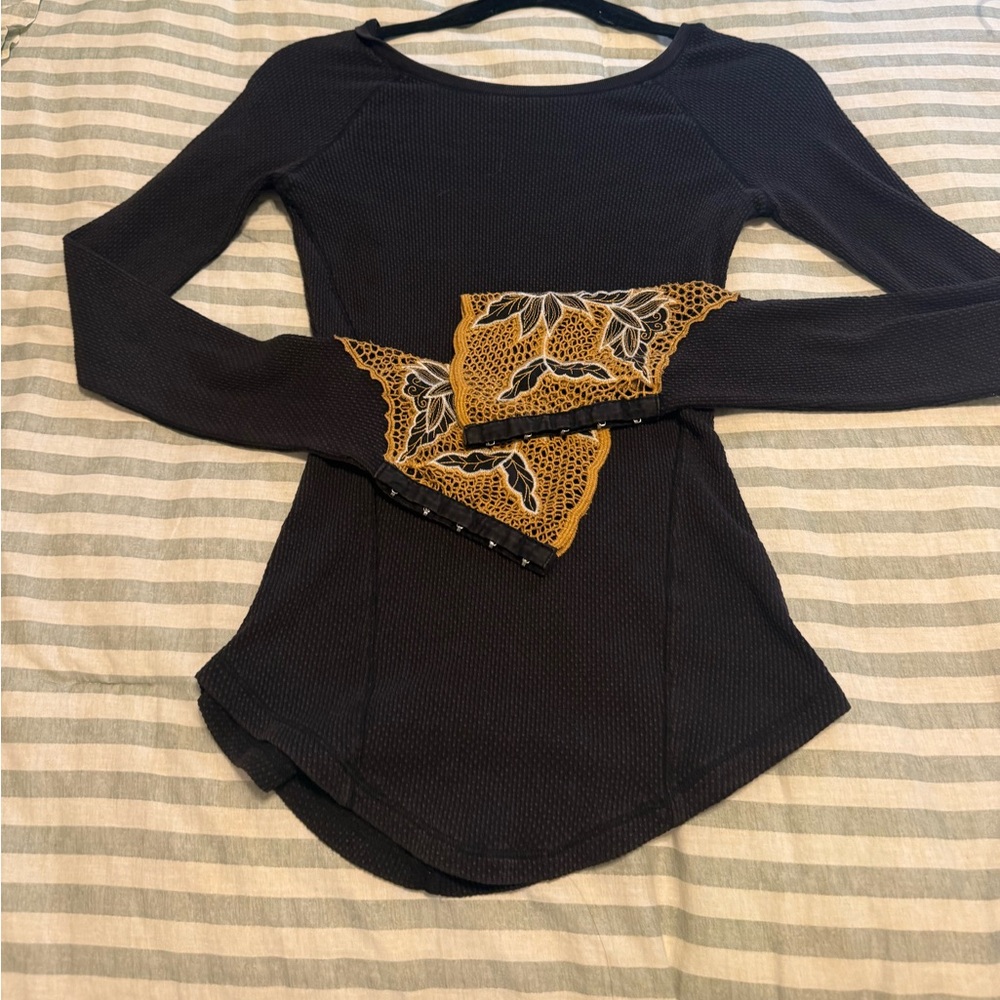 Free People Black Long Sleeve Top with Yellow Lace Cuff Detail